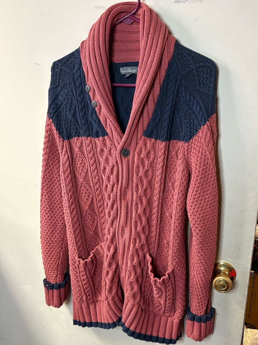LL Bean Signature Cable Shawl Collar Cardigan - Rose & Navy ladies size medium
